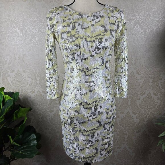 French Connection Size 4 Sequined Cocktail Dress White Cream Silver ¾ Sleeves - Picture 1 of 13